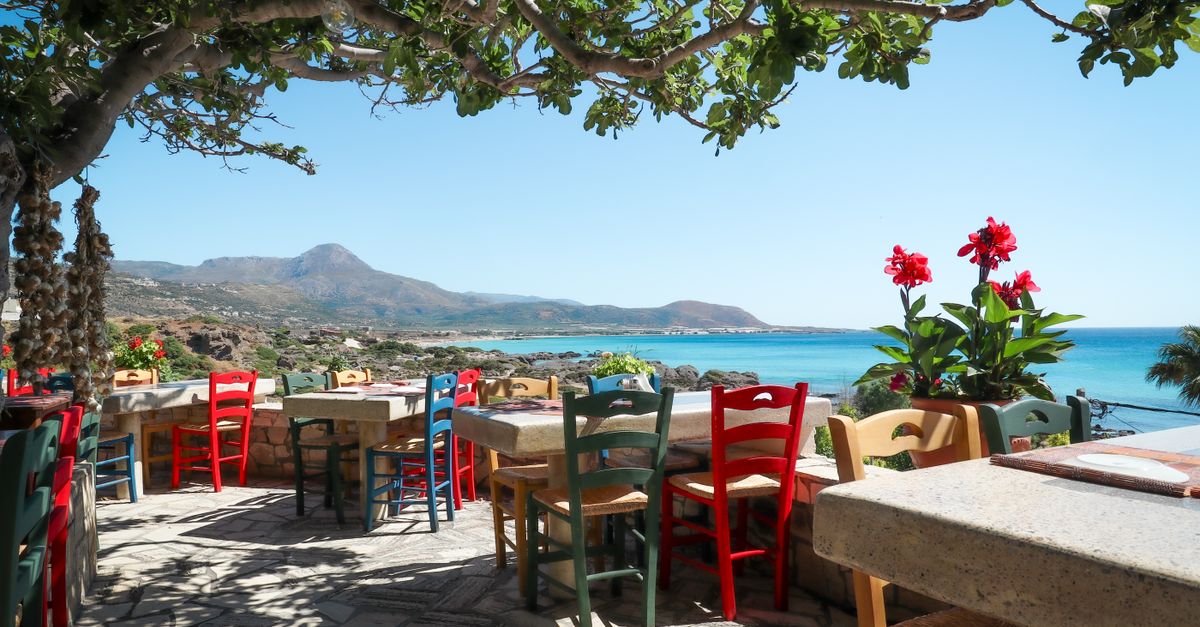 Colorful Greek taverna with ocean views in Phalasarna